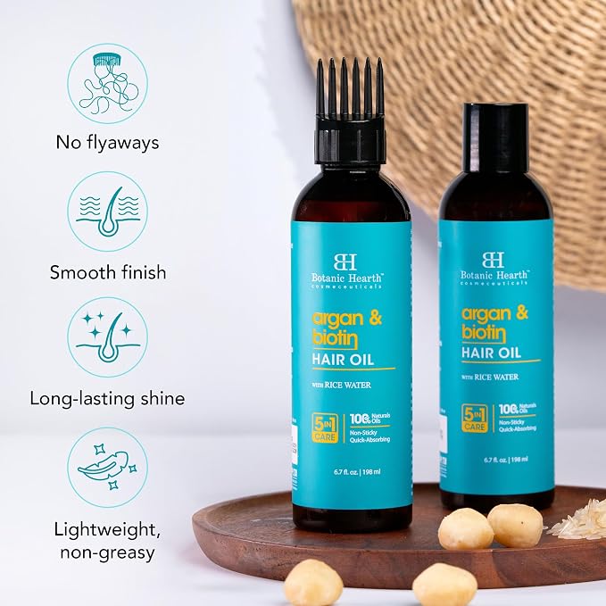 Botanic Hearth 100% Pure Argan & Biotin Oil For Hair Growth & Hair Treatment Oils 6.7 Fl oz | Infused with coconut Oil | Hair Oil Repairs Dry Damaged Hair, Strengthening, Healthier | All Hair Types