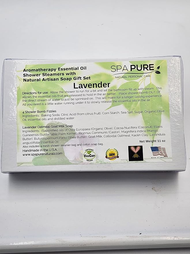 Spa Pure Aromatherapy Gift Set: Lavender Large Artisan soap, 4 Shower Steamers, made with plant based ingredients, essential oils, all natural