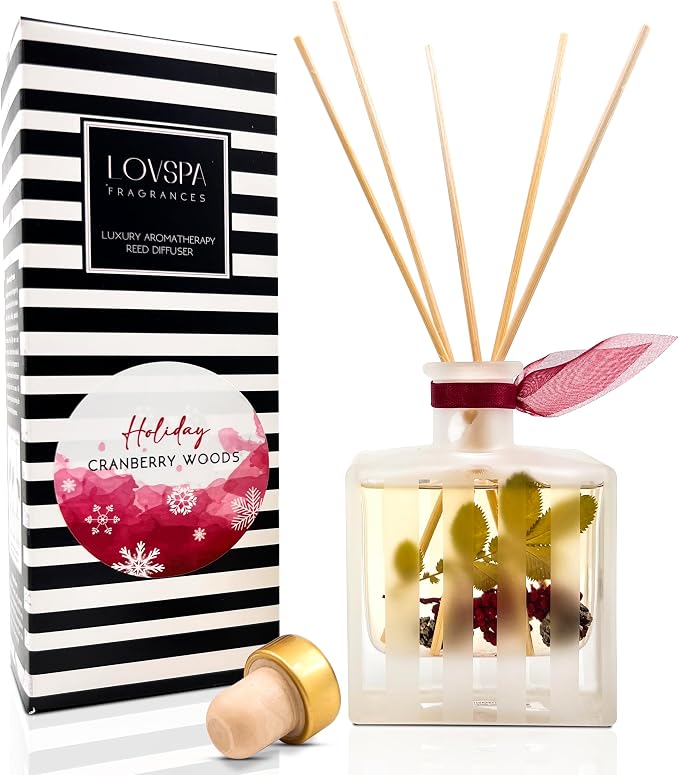 Reed Diffuser Set, Holiday Red Currant & Woods Scented Oil Diffuser with Sticks, Home Fragrance Accessories for Bathroom Shelf Decor, Aroma Diffusers for Home or Office Desk, USA Made