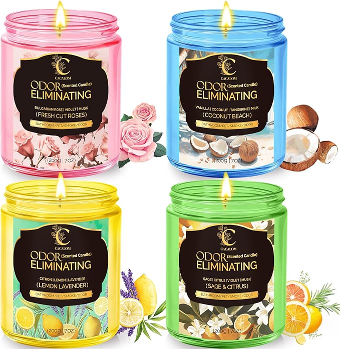 4 Pack Odor Eliminating Candles Set for Pet Smoke, Scented Candles for Home Decor Non Toxic Soy Wax Candle for Relaxing Stress Relief Women Men, 50 Hours Burning Time, House Warming Gifts for Host