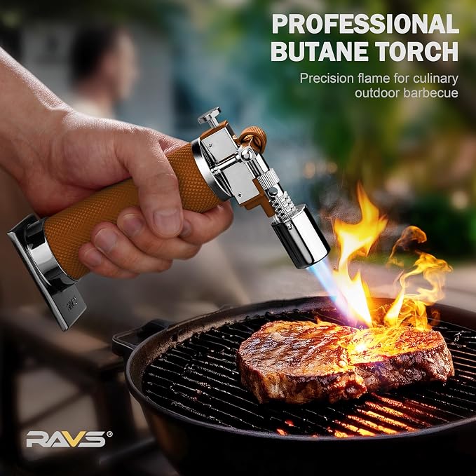 RAVS Butane Torch Lighter, Premium Metal Kitchen Torch with Adjustable Flame & Safety Buckle, Cooking Torch for Creme Brulee, BBQ, Welding, DIY, Brown, Butane Gas Not Included