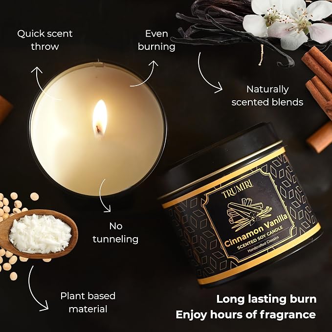 Vanilla Candle with Cinnamon Strong Scented Soy Candel Natural Non Toxic Velas Aromáticas for Women Gift for Fall Christmas Holidays Pack of 1 5Oz Decorartive Travel Tin