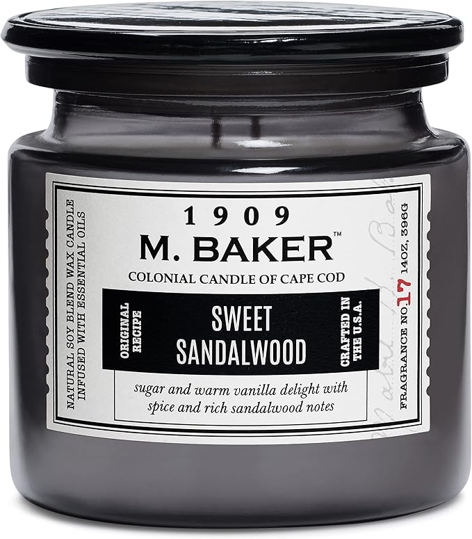 Colonial Candle Sweet Sandalwood Scented Jar Candle | 2-Wick Natural Soy Blend Wax Candle for Home | Relaxing Aromatherapy Candle Infused with Essential Oils | M. Baker Apothecary Glass Jar Candle