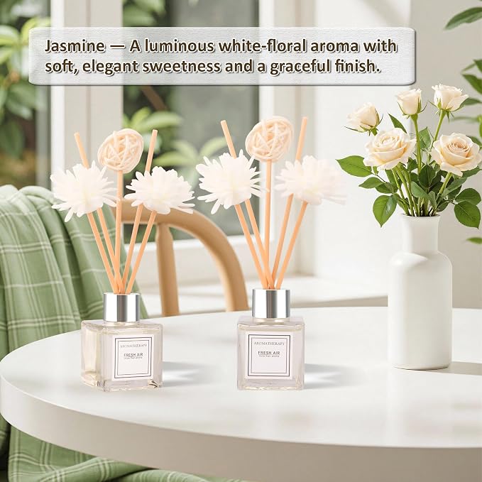 Reed Diffuser Set of 2, Jasmine Scent Oil Diffuser with Sticks for Home Fragrance, Office Living Bedroom Decor, Bathroom Decor and Accessories, Air Fresheners Gift Set, 1.7 fl oz/50ml x 2