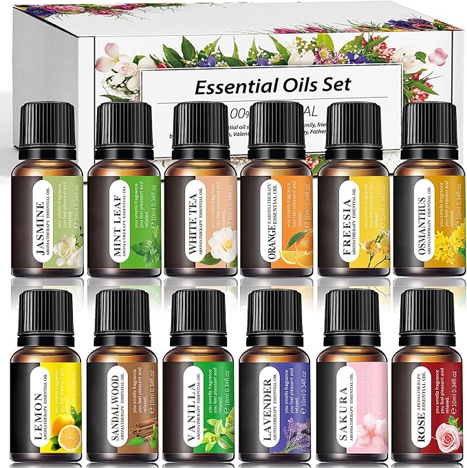 Essential Oils Set, 12 Scents, 10 ML Bottles, Lavender, Lemon, Rose, Jasmine, Vanilla, Sandalwood and More, for Humidifiers, Diffusers, Aromatherapy