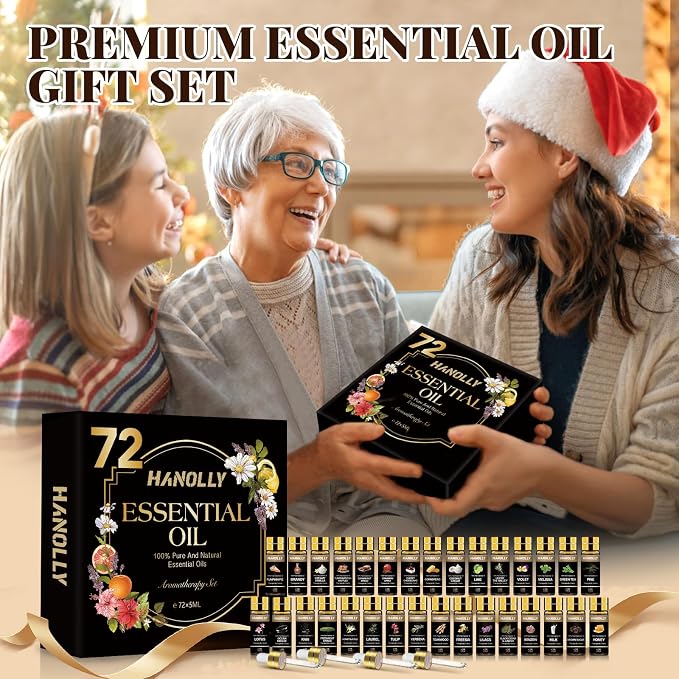Essential Oils Set, 72 Pcs Pure Aromatherapy Essential Oil Kit, Natural Fragrance Oils for Diffuser, Humidifier, Massage, Skin & Hair Care, Soap, Candle Making, Gift Box for Men & Women(72 * 5ML)