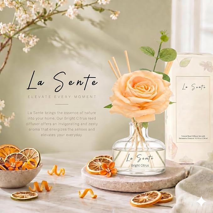 Bright Citrus Reed Diffuser Set 8.5oz (250ml) with Decorative Flower & Natural Reeds - Long-Lasting Flameless Home Fragrance for Bathroom, Bedroom, Office, & Gifts