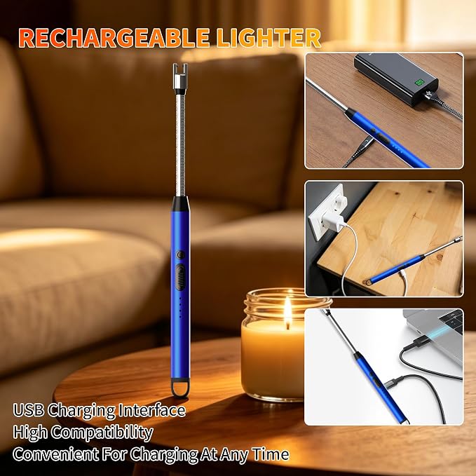 2 Pack Rechargeable Type C Electric Lighters, Blue | Flameless and Windproof, Plasma Arc, 360° Long Reach Flexible Neck, LED Power Display, For Candles, BBQ Grill & Camping