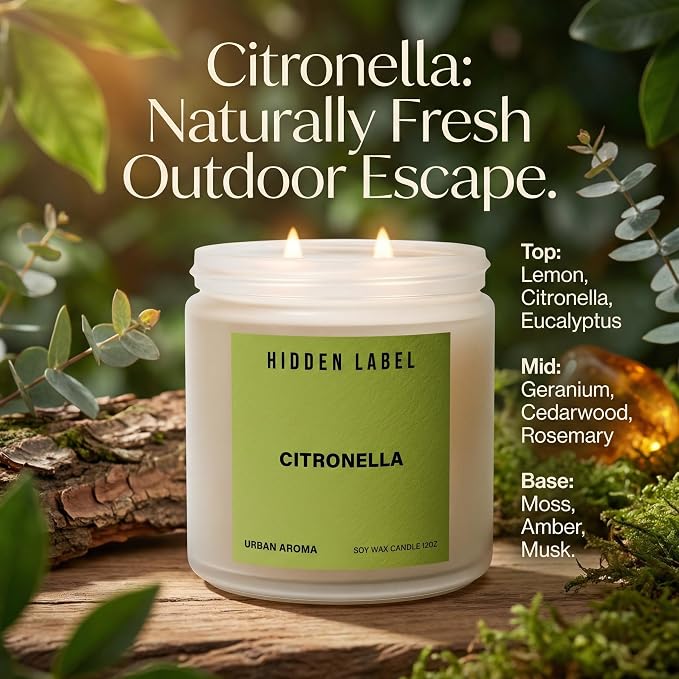Hidden Label Citronella Candles Outdoor, 12oz 2-Wick, 50H Citrus Fresh | Non-Toxic Vegan Soy Wax | Citrus & Citronella Fresh Outdoor Scent | Even Melt No Tunneling | Patio Deck BBQ Indoor