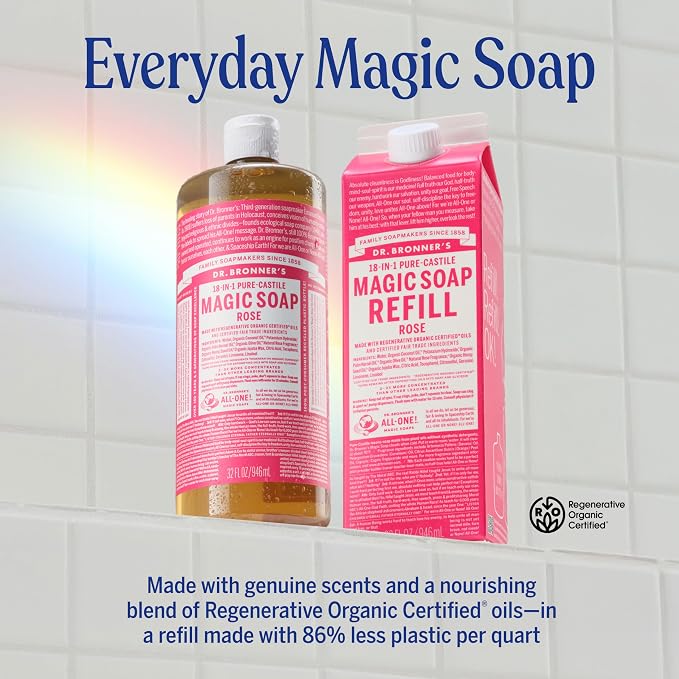 Dr. Bronner's Magic Soap-Pure-Castile Liquid Soap Refill (Rose 32 ounce, 1-Pack)-Regenerative Organic Certified Oils, For Body, Hair, Laundry, Pets & Dishes, Concentrated, Vegan, Non-GMO