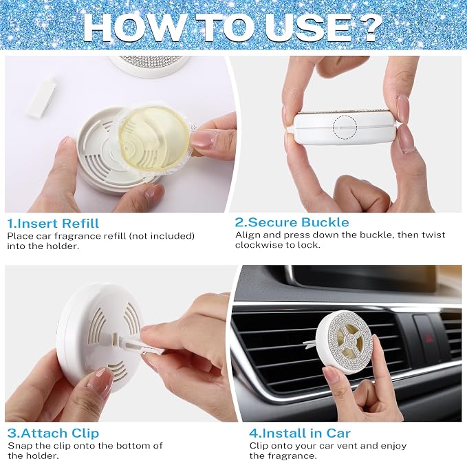 1 Pack Car Fragrance Holder Compatible with Bath & Body Works Refills (Not Included), Air Freshener Vent Clip or Visor Clip, Refillable Scent Holder, Easy to Open Car Diffuser (Diamond White)