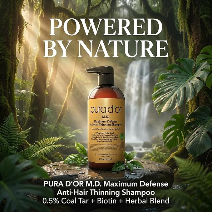 PURA D'OR MD Anti-Hair Thinning Maximum Defense Shampoo - 0.5% Coal Tar, Biotin, Proprietary Herbal Blend For Dry & Itchy Scalp, No Sulfates - For Men & Women, Strong Coal Tar Scent 16 Oz