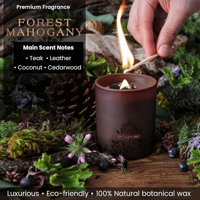 Forest Mahogany Scented Crystal Candle - Luxury Empowerment Candle with Black Tourmaline Crystals - 7.4oz Natural Soy, Coconut & Beeswax Wood Wick Candles for Men