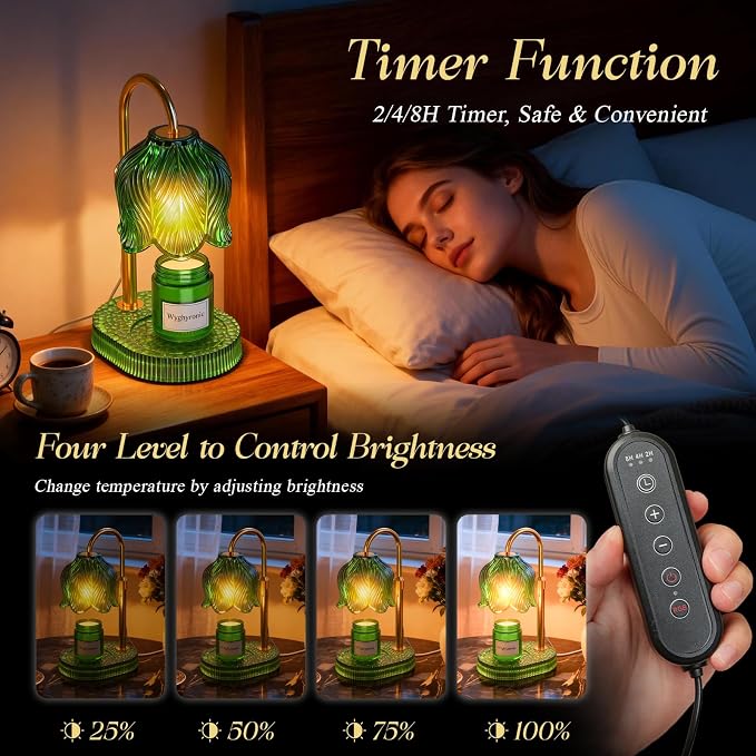 Candle Warmer Lamp with Adjustable Height - Flameless 4-Level Dimmable Wax Warmer, Timer Function & Stylish Design in Multiple Colors (Green)