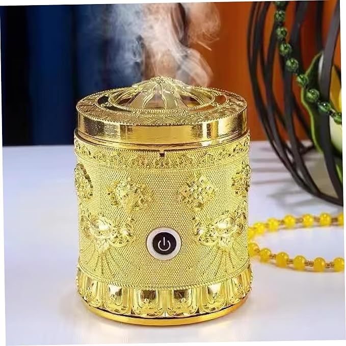 Electric Incense Burner Portable Vintage Electric Bakhoor Burner USB Rechargeable Golden Aromatherapy Diffuser for Car Home Office Yoga Tabletop 3x3.9 inch