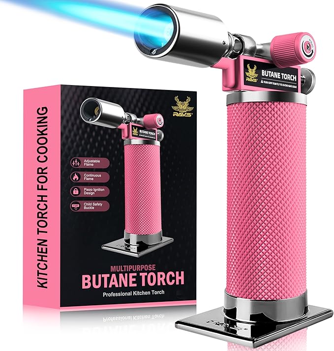 RAVS Butane Torch, Premium Metal Pink Torch Lighter with Adjustable Flame & Safety Buckle, Food Torch for Baking, BBQ, Desserts, Unique Gifts for Women, Butane Fuel Not Included