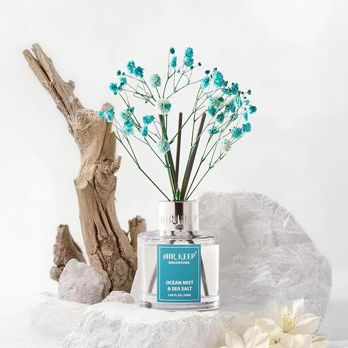Airkeep Reed Diffuser Set,1.69 fl oz (50 ml) - Ocean Mist&Sea Salt Oil Diffusers with 8 Reed Sticks,Home Fragrance Reed Diffuser for Bathroom Shelf DecorSALT