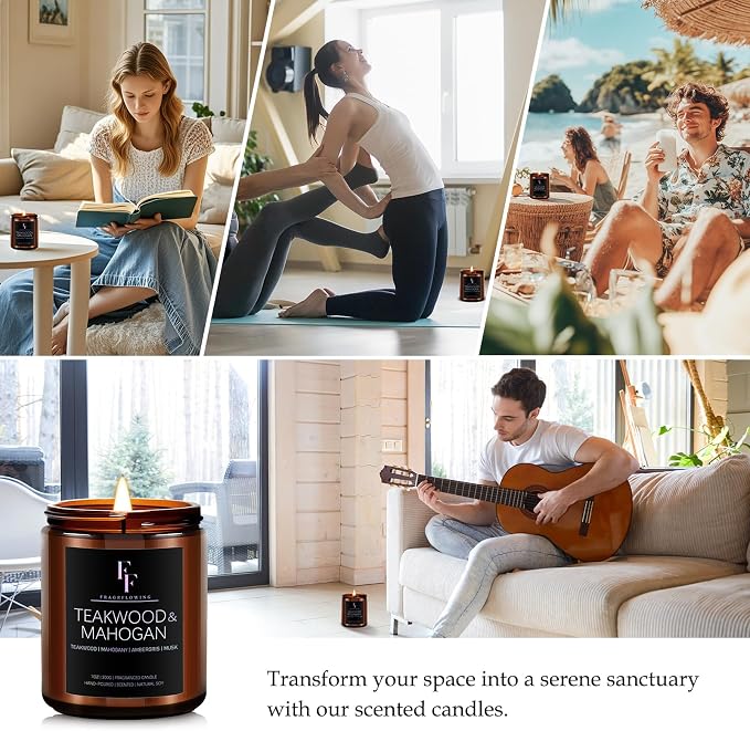 Teakwood & Mahogany Candle, Scented Candle for Home Soy Wax Candle, Aromatherapy Candle Gifts, 7oz