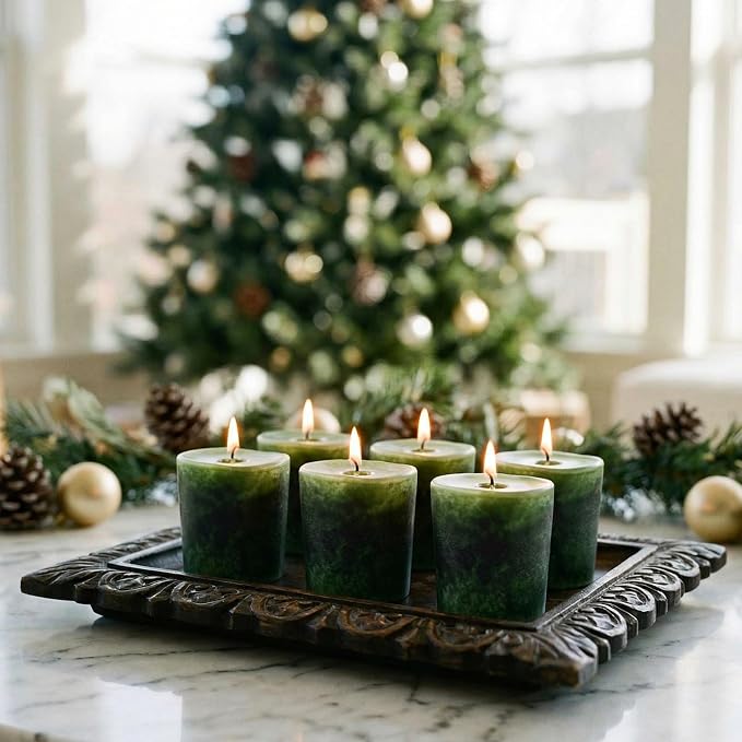 Aroma Naturals Votive Candles Essential Oil with Juniper Spruce and Basil, Evergreen Holiday, 6 Count