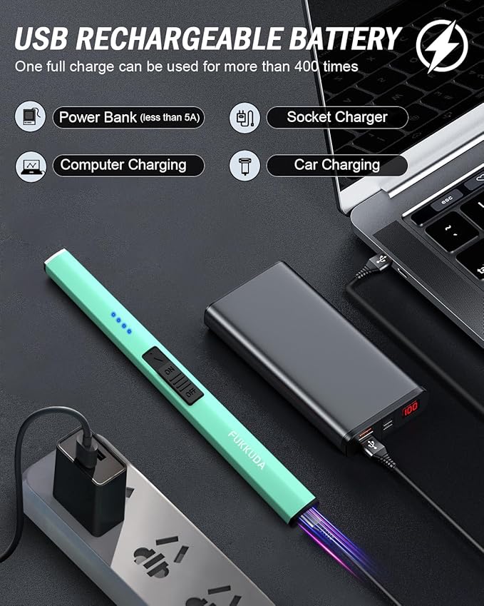 FUKKUDA Electric Candle Lighter with Safety Switch - USB Rechargeable Windproof & Flameless Plasma Arc Lighter for Easter Basket Stuffers (Tiffany Blue)