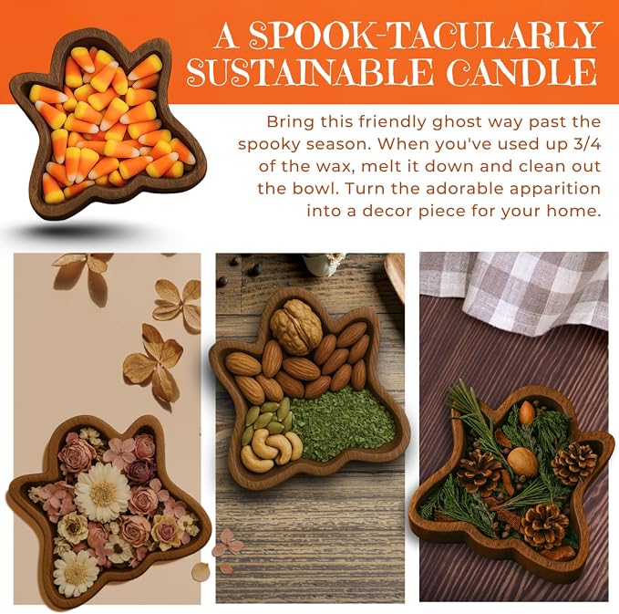 Dough Bowl Candle Co. Ghost Candles - 7x7x2in Halloween Candles, Wooden Fall Candle Decorations with Candy Corn Scent, Cute Fall Room Decor, 100% Soy Wax, Autumn Aesthetic with 35h Burn Time