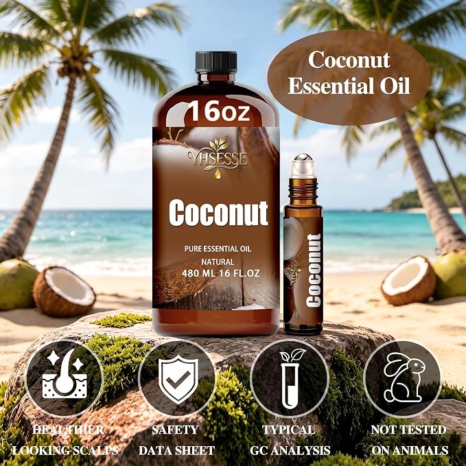Coconut Essential Oil, Coconut Oil 16 Fl Oz 480ml for Diffuser Yoga Soap & Candle Making – with 0.33 Oz Roller Ball & Funnel YHSESSE Essential Oils