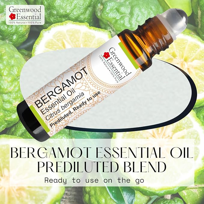 Greenwood Essential Bergamot Essential Oil (Citrus bergamia) Pre Diluted Ready to Use Roll-on Blend for Aromatherapy and Topical Skin Application for Kids and Adults 10ml (0.33 oz)