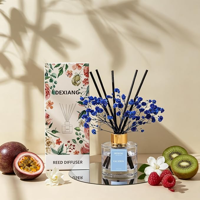 Reed Diffuser Set, 3.38 fl oz (100ml) Vacation Scent Oil Diffuser with 6 Reed Sticks, Natural Home Fragrance Reed Diffuser for Bathroom, Bedroom, Living Room Shelf Decor