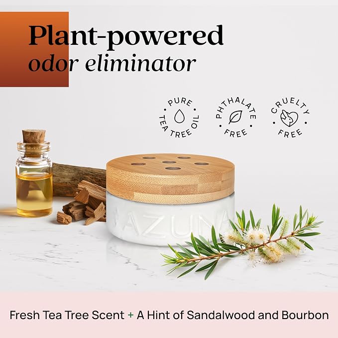 Azuna Air Freshener & Odor Eliminator for Strong Odor | 2 Room Kit Includes (2) Empty Luxe Glass Jar & 12oz Gel Refill with Tea Tree Essential Oil | Sandalwood Scent | Last 60-90 Days