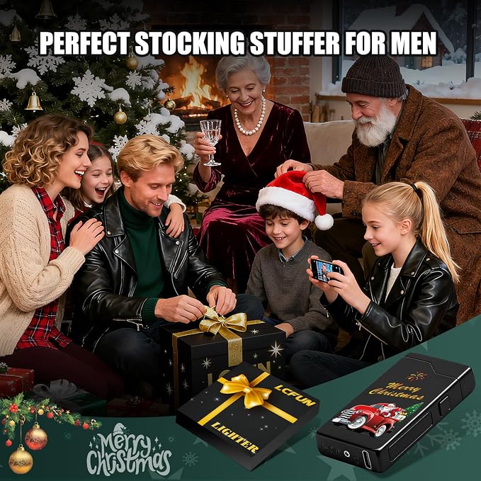 LcFun Christmas Stocking Stuffers for Men Adults, Christmas Birthday Gifts for Men, White Elephant Gifts Electric Lighter, Windproof Plasma Rechargeable Lighter for Candles, Camping (Christmas Black)
