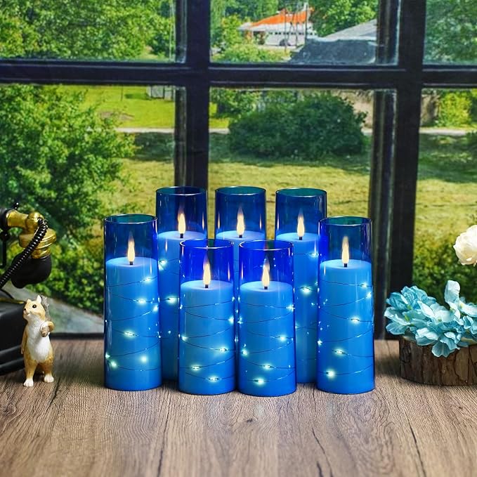 Flameless Candles,with Embedded Star String, Battery Operated Candles Flickering LED Pillar Candles with Remote Control and Timer, Home Decoration Add a Warm and Romantic Atmosphere，Set of 7 (Blue)