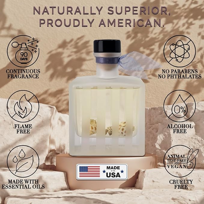 Reed Diffuser Set, Ocean Driftwood Scented Oil Diffuser with Sticks, Home Fragrance Accessories for Bathroom Shelf Decor, Aroma Diffusers for Home or Office Desk, USA Made