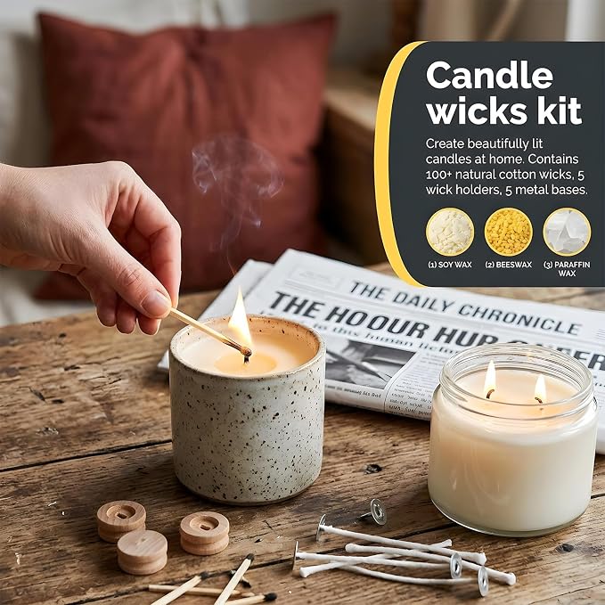50 Sets Wood Candle Wicks, Thickened Cherry Wood Candle Wicks for Candle Making with Wick Trimmer, Stand & Glue, 5.1 Inches, Long Lasting Flame, Easy to Burn