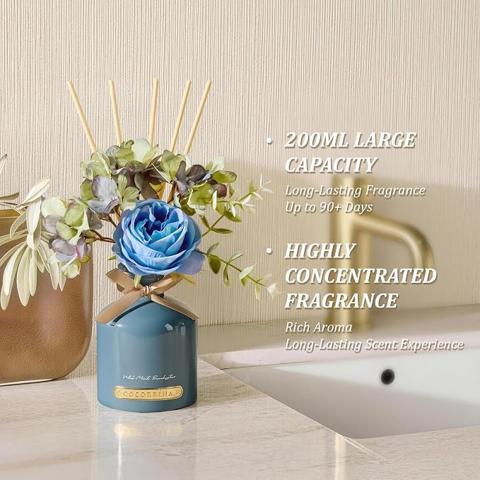 COCORRÍNA Reed Diffuser Set, 6.7oz Flower Reed Diffuser with Sticks,Wild Mint & Eucalyptus Essential Oil, Long Lasting Home Fragrance for Bathroom, Bedroom & Shelf Decor, Aesthetic Gift for Women
