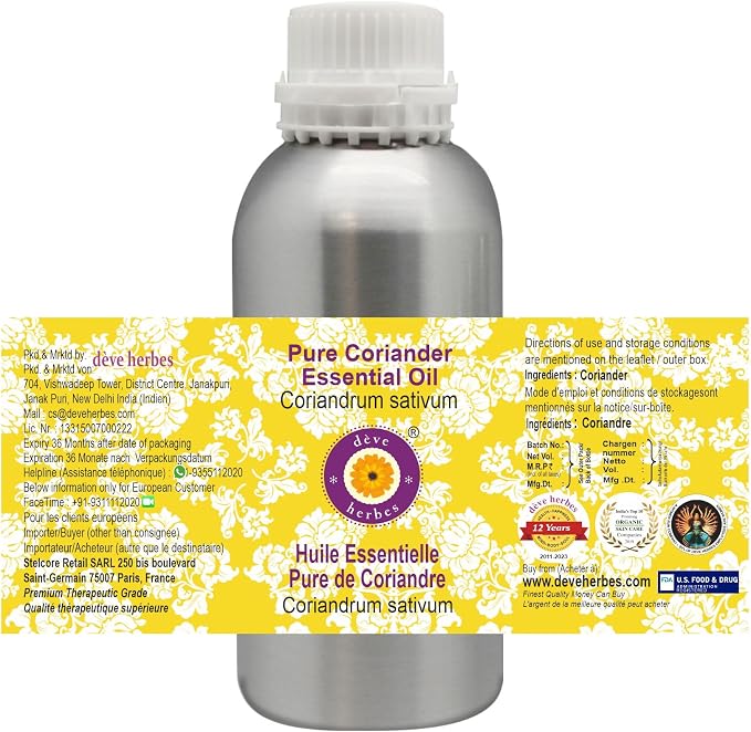 Deve Herbes Pure Coriander Essential Oil (Coriandrum sativum) Steam Distilled 630ml (21 oz)