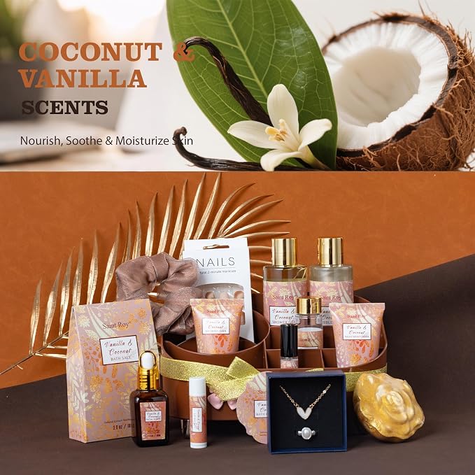Spa Gift Basket for Women, 16 Pcs Coconut Vanilla Bath and Body Gift Basket Set Face Skin Care Kit Christmas, Valentines Day Gift for Mom, Birthday Gifts for Her, Wife, Mom Makeup Storage