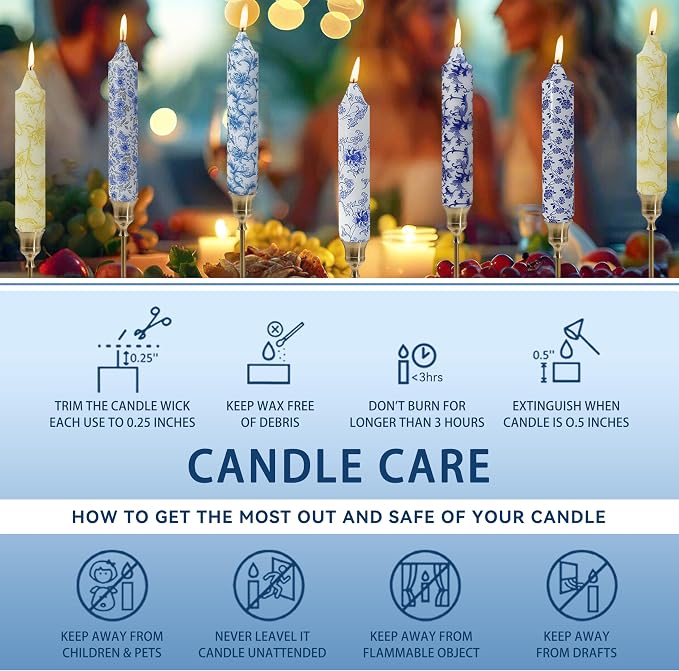 7 Inch Blue and White Taper Candles Short Chunky Candle Sticks Handmade Unscented Smokeless Chinoiserie Floral Thick Candles for Nautical Ceremony Dining Table Everyday Meals Family Dinner Elegance