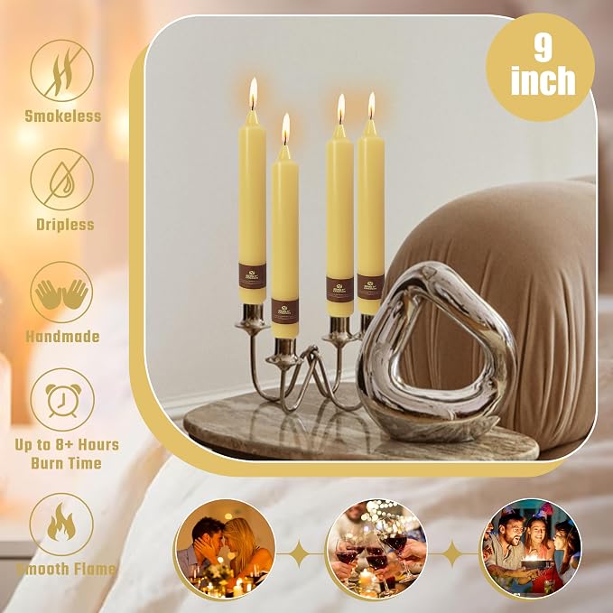 Beeswax Taper Candles 9 inch - 4 Pack Fat Candle Taper Candles Dripless, Smokeless, Unscented Tall Candlesticks - Perfect for Home Decor, Weddings, and Special Occasions