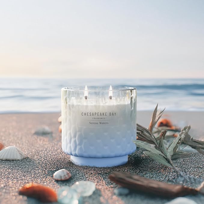 Chesapeake Bay, 11oz Serene Waters Scented Candle, Mood Evoking Fragrance, Textured Sea Glass-Inspired Jar, Premium Soy Blend Wax with Essential Oils, Coastal Fragrance for Home Décor or Gifting