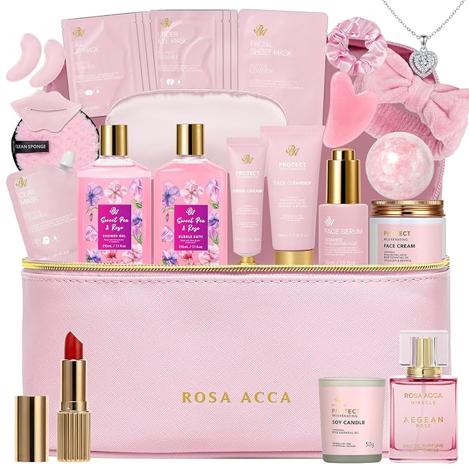 Gifts for Women, Gifts Basket for Women, 25 Pcs Rose Bath & Body Gift Basket Set, Hydrating Skin Care Gift Set, Self Care Gifts, Cosmetic Bag, Necklace, Christmas, Birthday, Anniversary, Mom, Wife