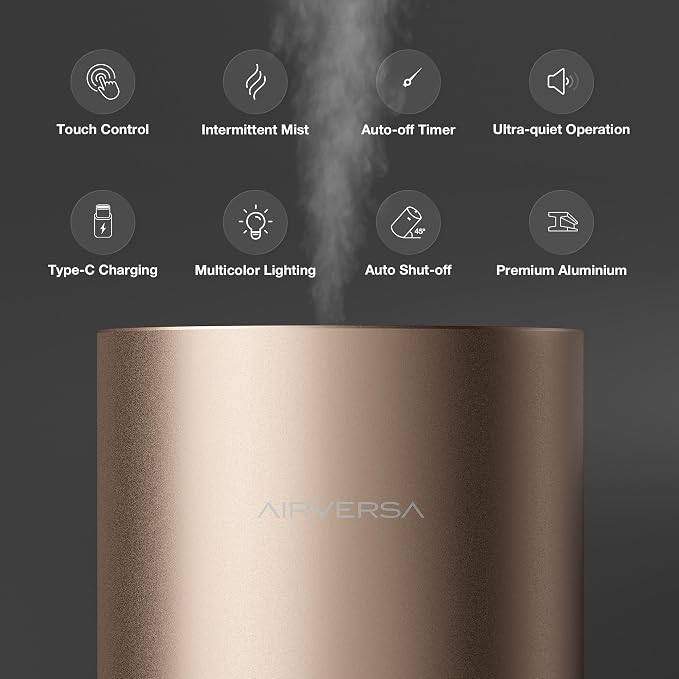 Airversa Waterless Essential Oil Diffuser for Home Room Desk Car Air Freshener Diffuser, Up to 600 sq ft, Battery Operated, Mist Level and Timer Settings, 100mL Capacity, Cold Air, RD1 Titanium