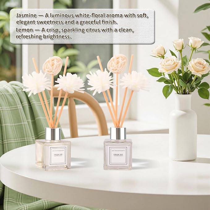 Reed Diffuser Set of 2, Jasmine & Lemon Scent Oil Diffuser with Sticks for Home Fragrance, Office Living Bedroom Decor, Bathroom Decor and Accessories, Air Fresheners Gift Set, 1.7 fl oz/50ml x 2