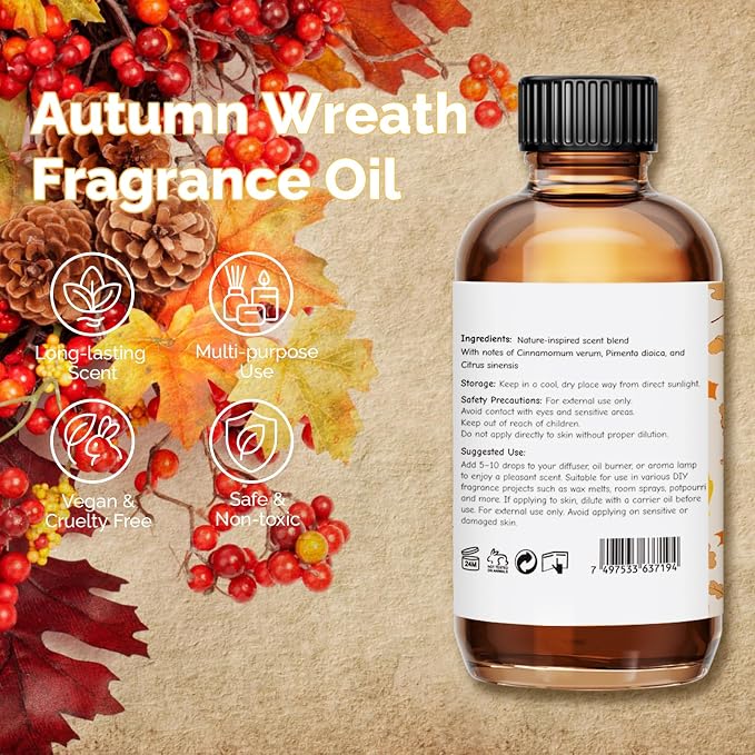 GM Gumili Autumn Wreath Fragrance Oil 2 Oz, Natural Scent Oil for Home Essential Oils Diffuser, Candle Making, Soap Making, DIY Body Oils, Perfume, Body Mist, Spray - Fall Scent