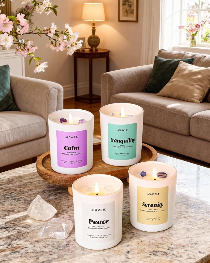 AOOVOO Stress Relief Candles Set for Women - 4 Pack Candles for Home Scented, 28 oz 200 Hour Burn, Aromatherapy Candle with Crystals, Peace/Tranquility Kyanite/Calm Amethyst/Serenity, Lapis Lazuli