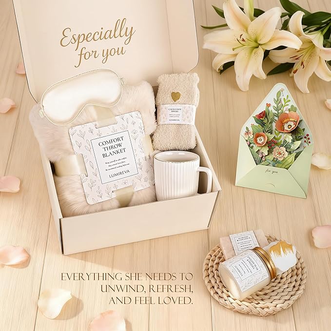 Lumireva Luxury Self Care Gift Basket for Women - Pampering Hug in a Box with Plush Blanket & Aromatherapy Candle, Elegant Birthday, Thank You & Anniversary Spa Set for Mom, Wife