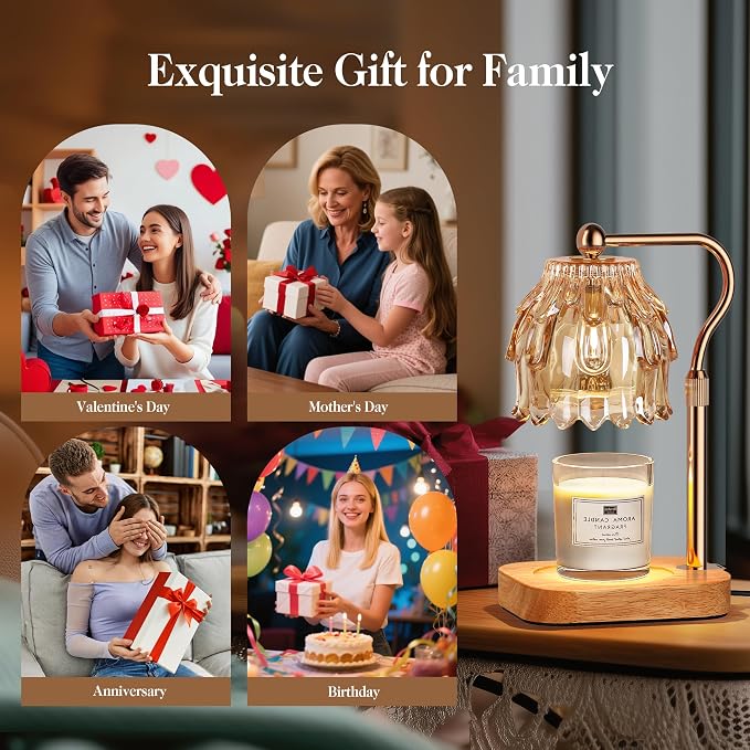 Candle Warmer Lamp with Timer Dimmer, Modern Wax Warmer for Scented Wax Jar Candle Warmer with 2 Bulbs, Adjustable Height Glass Lamp for Gifts for Women, Home Decor, Gold Amber