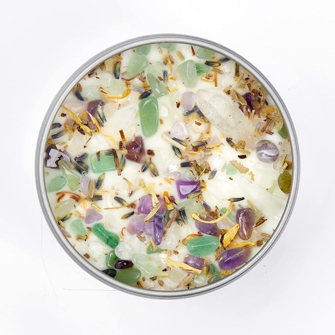 New Moon Beginnings Healing Energy Candle - Negative Energy Cleansing - Soy Aromatherapy - Handmade with Crystals & Herbs - 8oz Tin