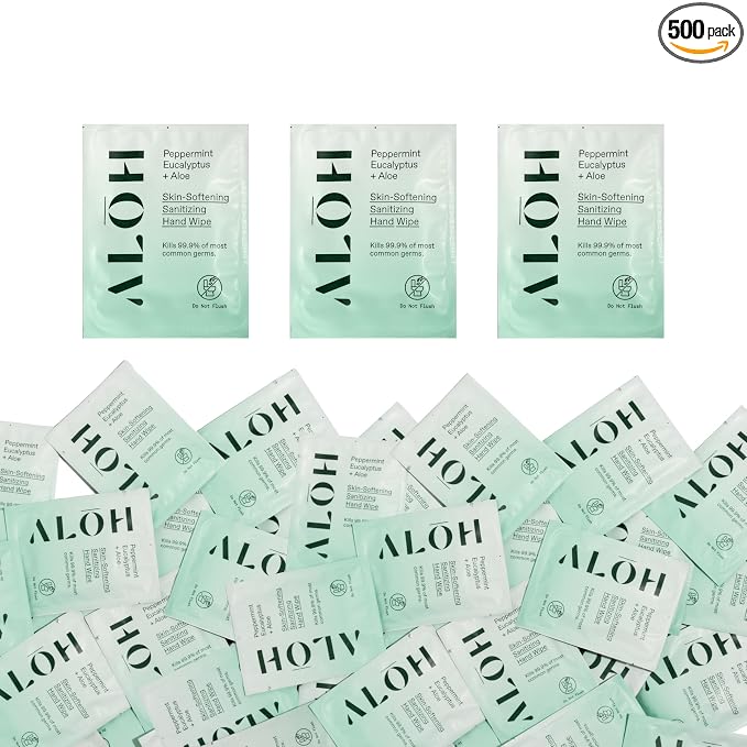 ALŌH Skin - Softening Sanitizing Hand Wipes – Peppermint Eucalyptus + Aloe - 1 Box of 500ct Individually Wrapped Wipes