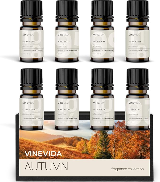 VINEVIDA [Set of 8] Autumn Scents for Candle Making, Made in USA Candle Fragrance Oil, Soap Making Essential Oils, Diffuser Oil Scents