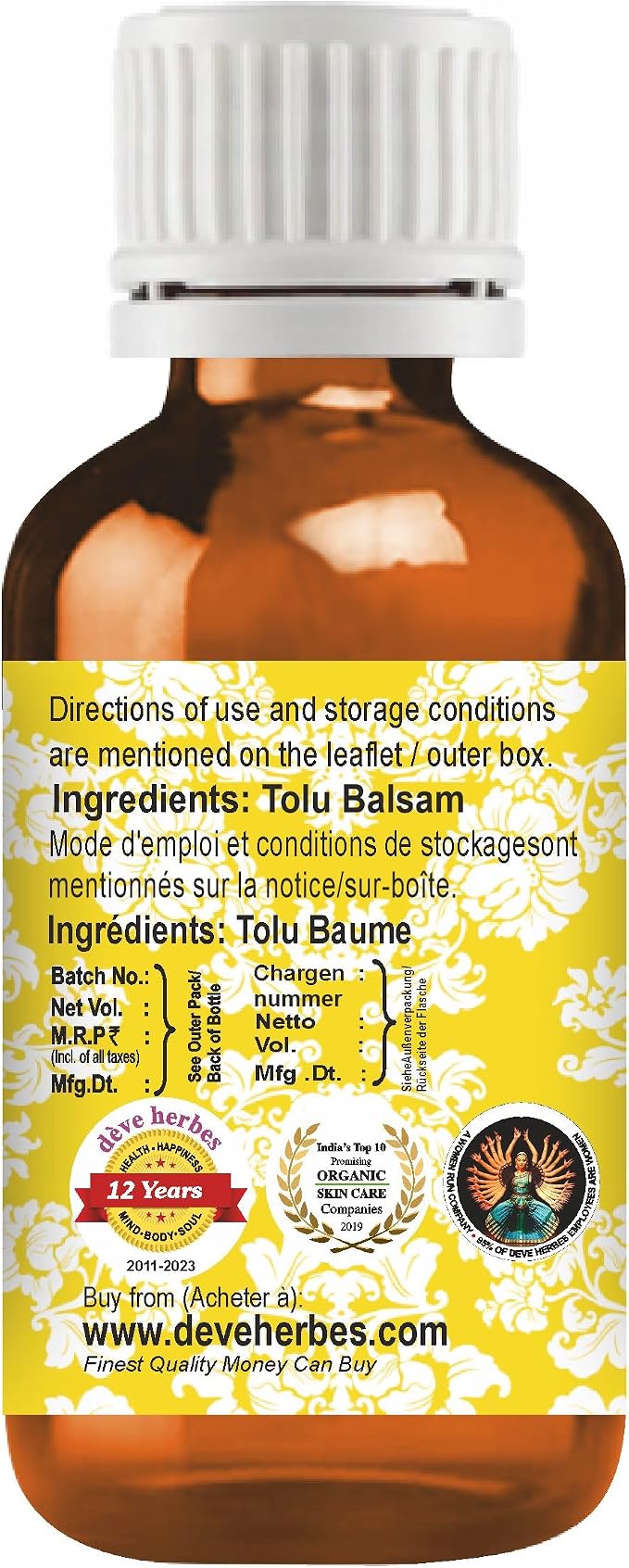 dève herbes Tolu Balsam Essential Oil (Myroxylon balsamum) Pure | Viscous Texture | Rich Aroma | Unisex | All Skin Types | for External Use Only | Natural Extract Steam Distilled 10ml (0.33 oz)